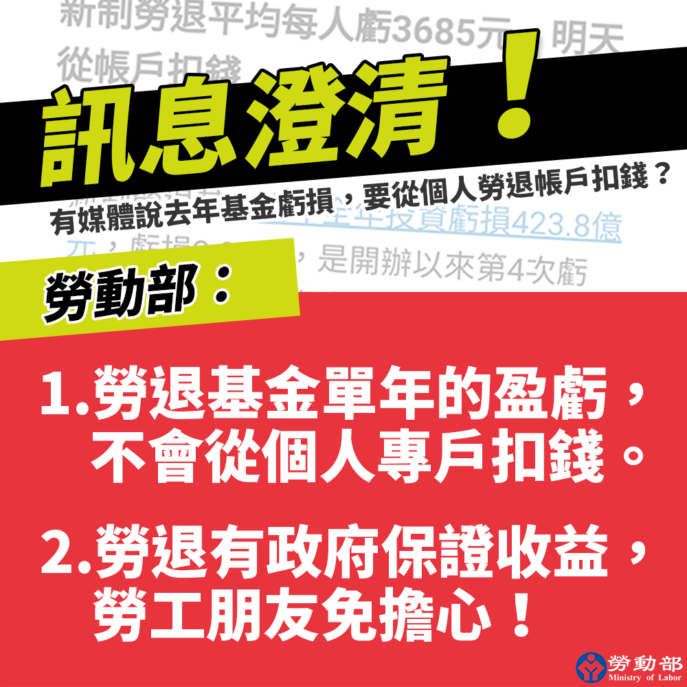 1. 勞退基金單年的盈虧，不會從個人專戶扣錢。2. 勞退有政府保證收益，勞工朋友免擔心！